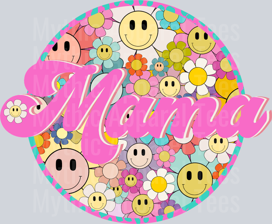 Mama Smiley Face flowers pink letters DTF MOM Transfers