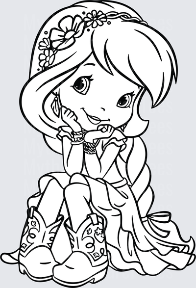 Strawberry Shortcake Sitting in Cowboy Boots Floral Hat