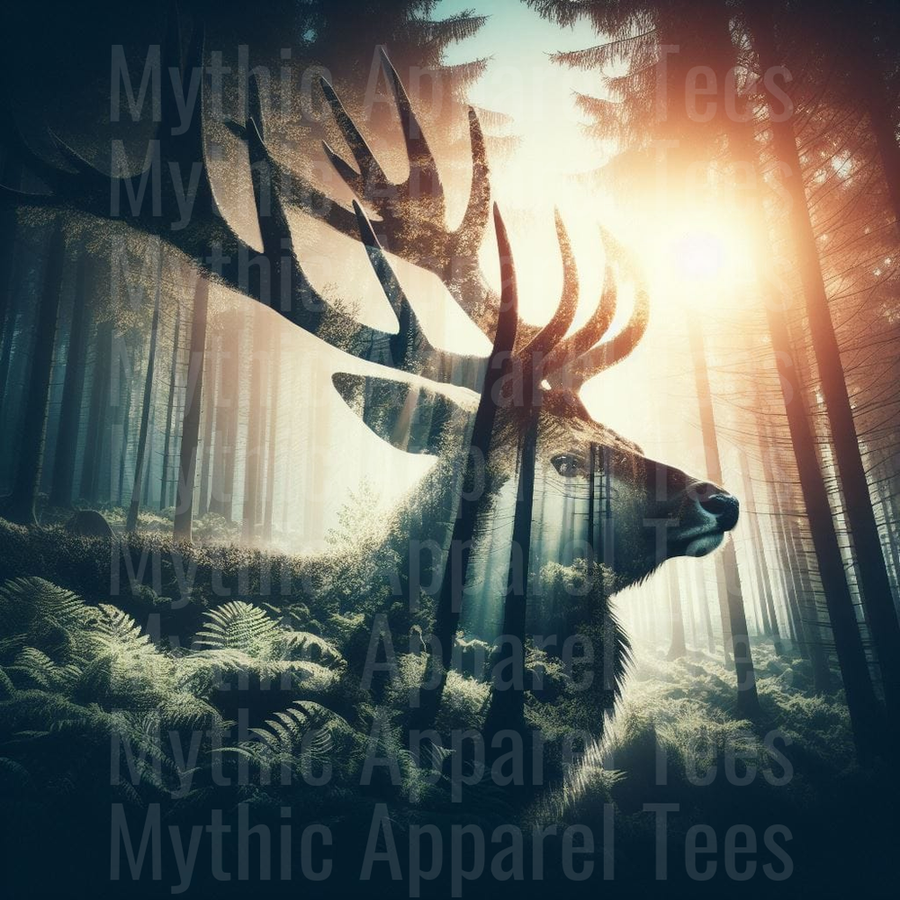 Majestic Buck Double Exposure Misty Forest Sunrise Wildlife Art