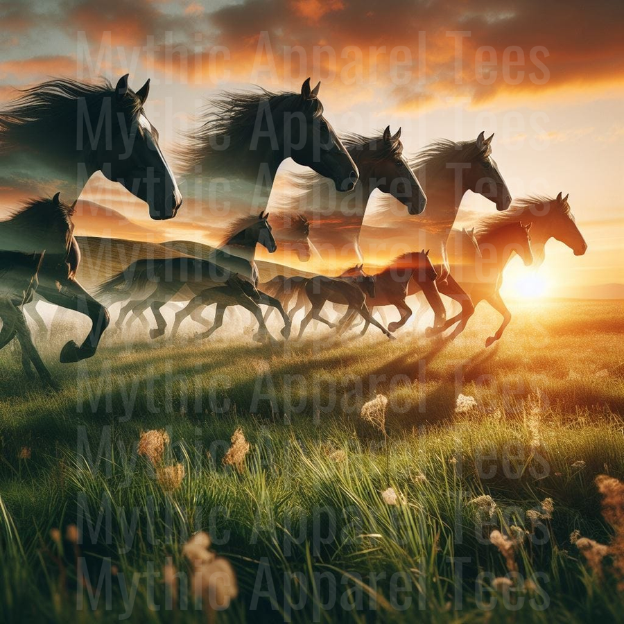 Wild Horse Herd Galloping Across Open Meadow at Golden Sunset