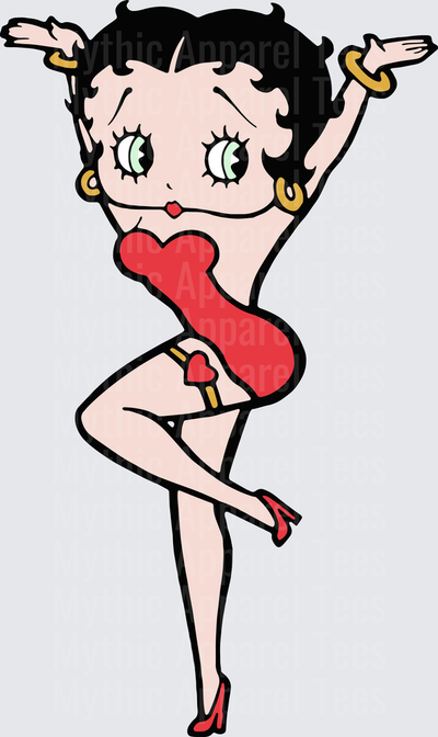 Betty Boop Dancing Pose Red Dress Gold Bracelets Hoop Earrings Classic Cartoon Pin-Up
