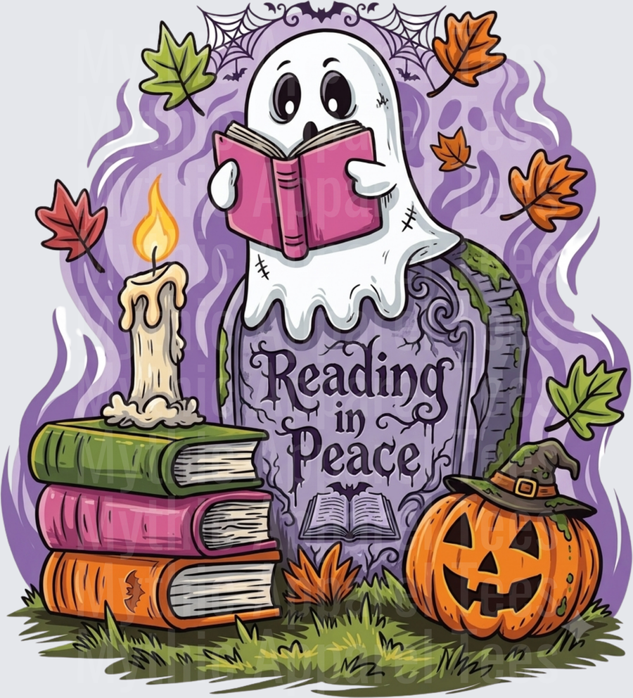 Cute Ghost Reading In Peace Halloween Tombstone with Books Candle Jack-O-Lantern Witch Hat and Fall Leaves
