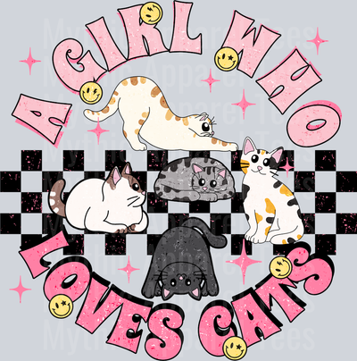 A Girl Who Loves Cats Circle Checkers Black DTF Cat Transfers