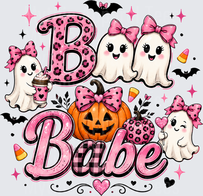 Boo Babe Pink Leopard Cheetah Print Cute Ghost Girls with Bows Jack-o-Lantern Pumpkin Halloween