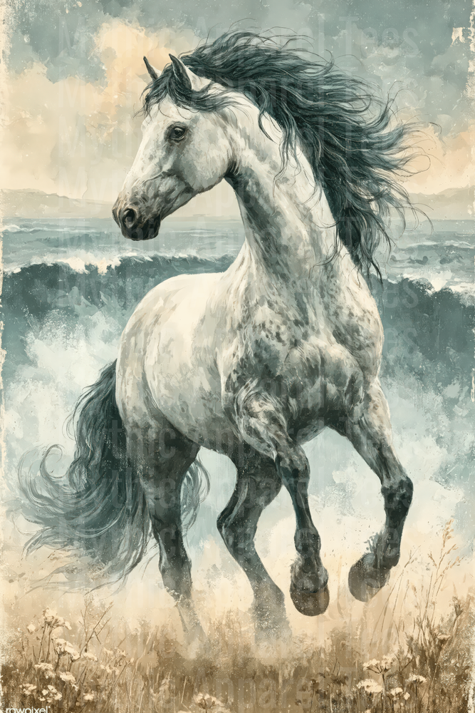 Majestic Dapple Gray Stallion Rearing by Ocean Waves Vintage Painted Art