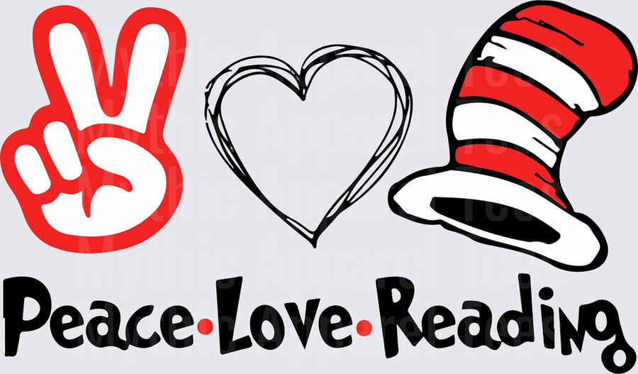 Dr. Seuss Peace Love Reading Cat in the Hat Striped Top Hat Heart Peace Sign Teacher Book Lover Design