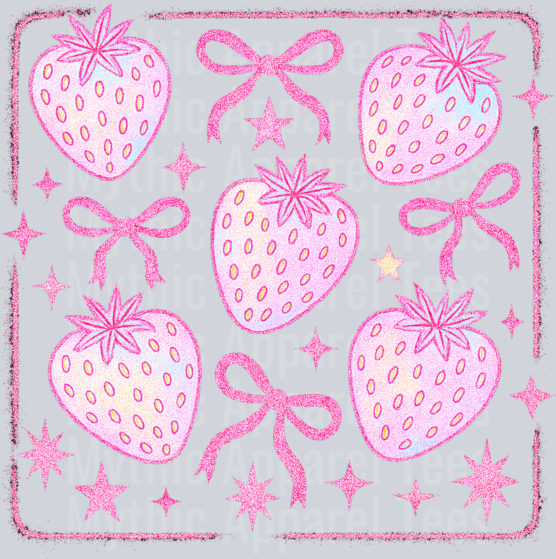 Iridescent Strawberries with little pink ribbons DTF Strawberry Transfers