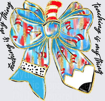 DR Seuss Cat in the Hat Teaching Is My Thing Gold Glitter Bow