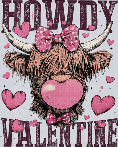 Valentines Day Highland Cow With pink gum bubble DTF Highland Cow Transfers