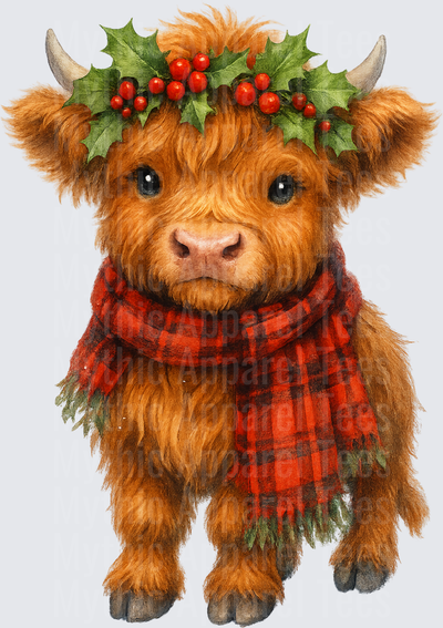 Highland Christmas Cow Baby Calf Holly Crown Plaid Scarf