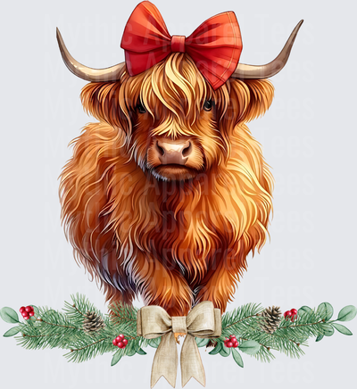 Highland Christmas Cow Red Bow Holly Berry Garland
