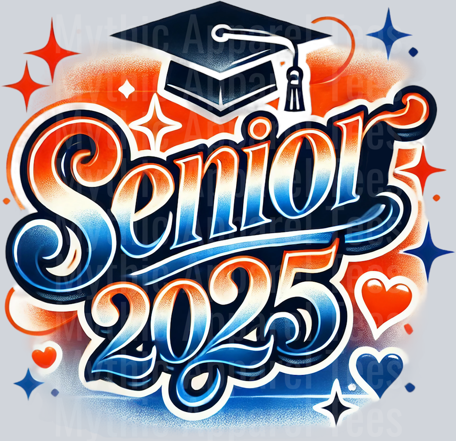 0010 Senior 2025 Airbrushed Orange and Blue DTF 2025 Senior Graduation Transfers