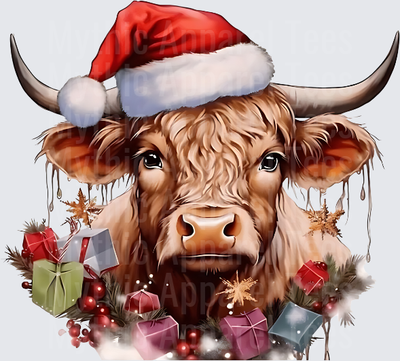 Highland Christmas Cow Santa Hat Gifts Holiday Watercolor