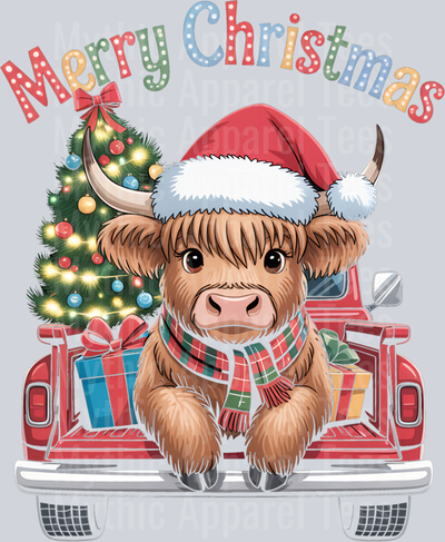 Merry Christmas Highland Cow Red Truck Funny Long Sleeve T-Shirt