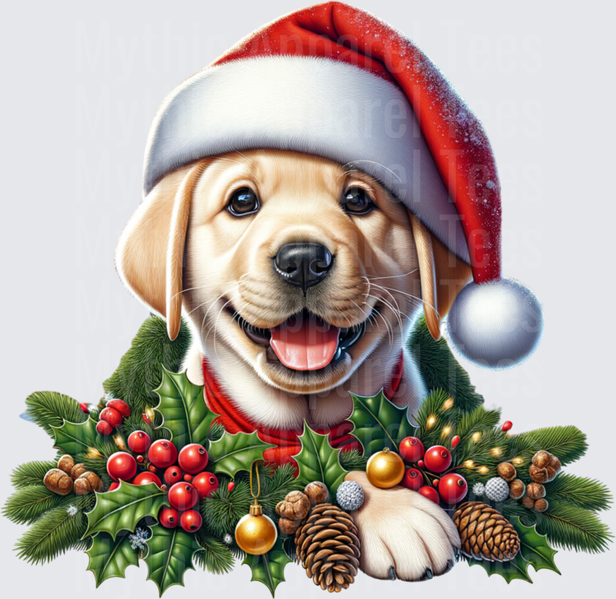 Yellow Labrador Puppy Santa Hat Red Scarf Holly Berries Pine Cones Christmas Wreath