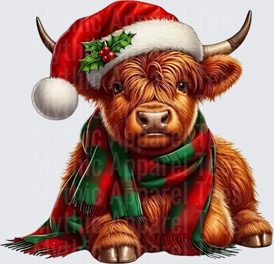 Highland Christmas Cow Baby Calf Santa Hat Holly Scarf