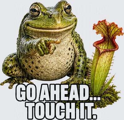 Funny Frog Pointing at Carnivorous Pitcher Plant Go Ahead Touch It Humor