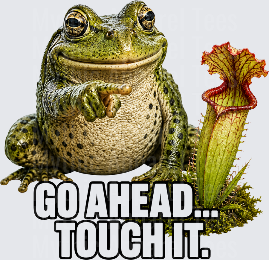 Funny Frog Pointing at Carnivorous Pitcher Plant Go Ahead Touch It Humor