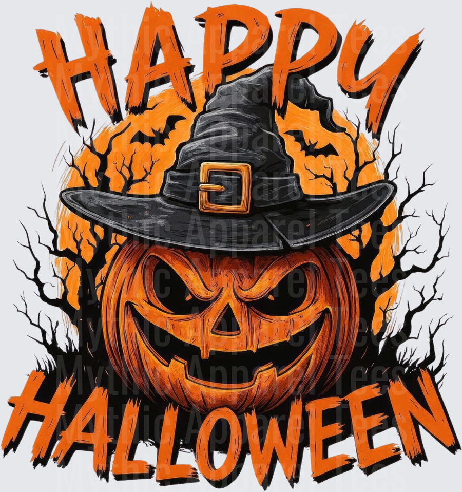Halloween Happy Halloween Jack-O-Lantern Witch Hat Moon Bats