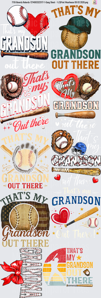 Gang Sheet FULL SIZE DESIGNS That's My Grandson Out There Baseball Heart Collection