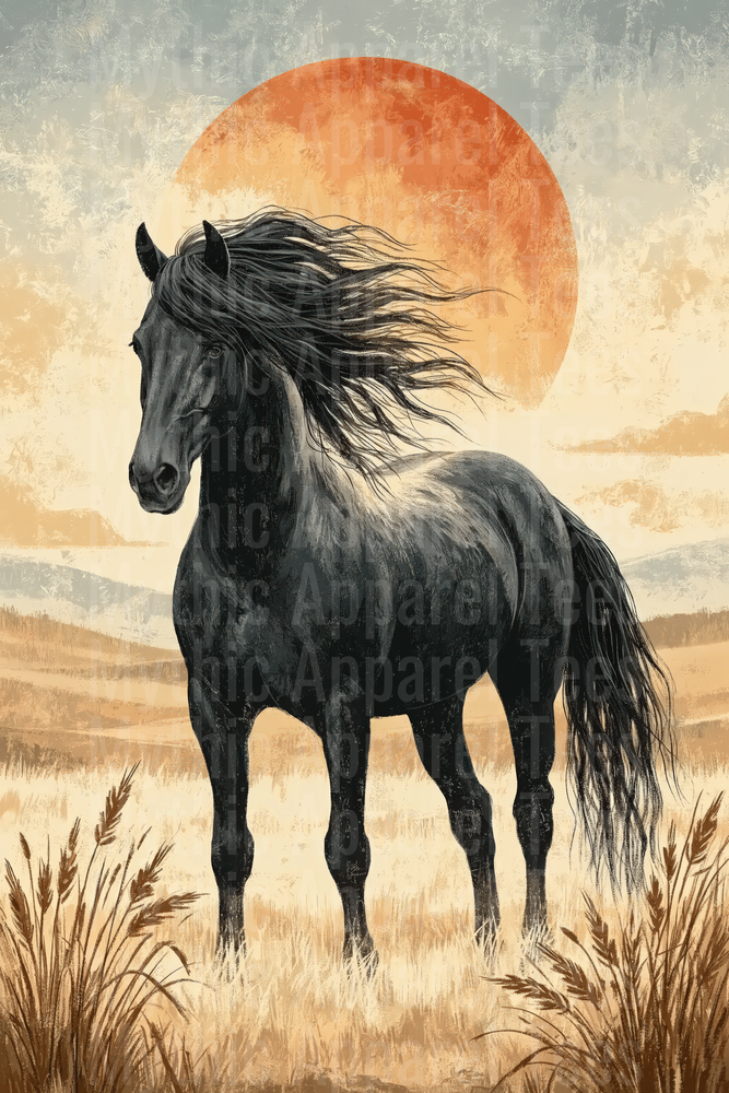 Majestic Black Stallion with Flowing Mane Standing in Golden Prairie Field Under Large Red Sun Vintage Rustic Western Illustration