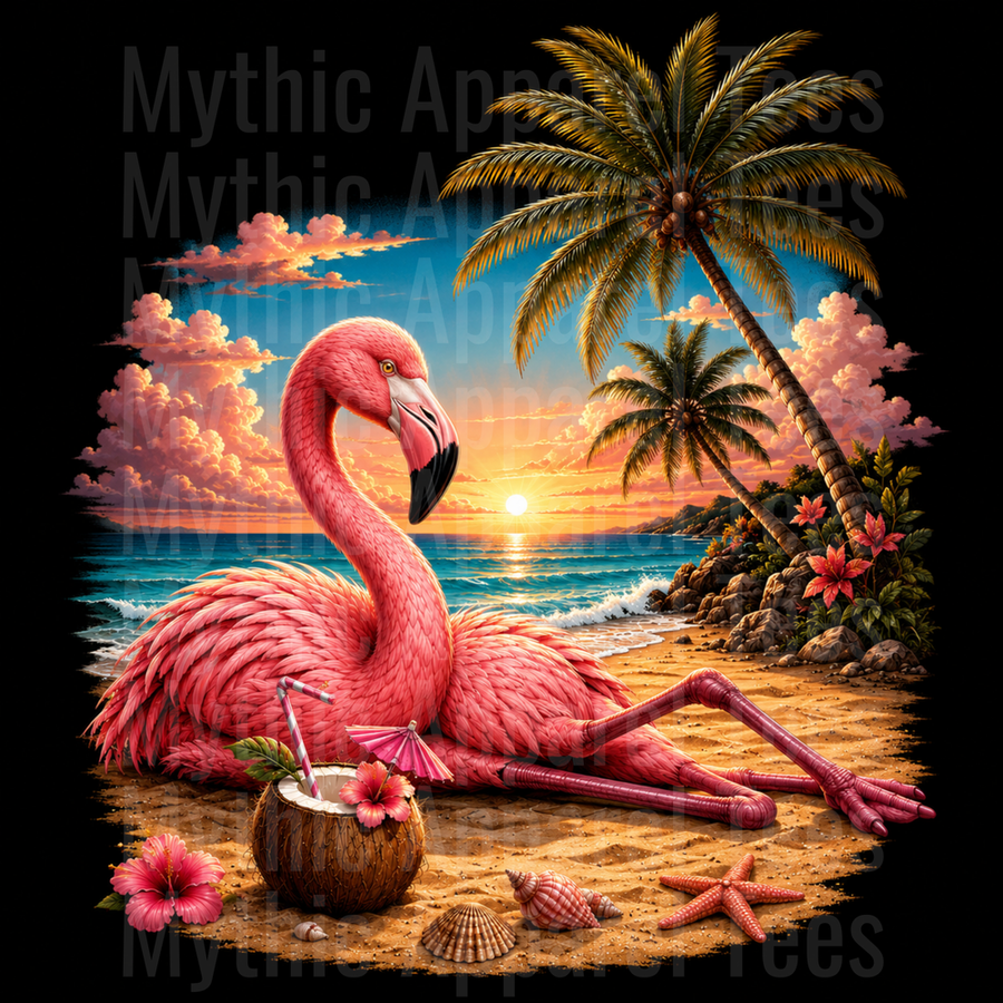 Flamingo Relaxing on Tropical Beach Sunset With Coconut Drink