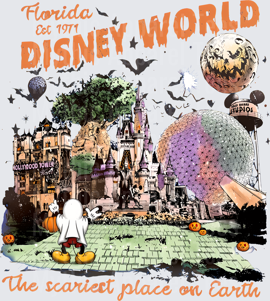 Florida Disney World Est 1971 The Scariest Place On Earth Halloween Mickey Mouse Ghost Costume With Cinderella Castle Epcot Hollywood Tower Hotel Bats And Jack-O-Lanterns