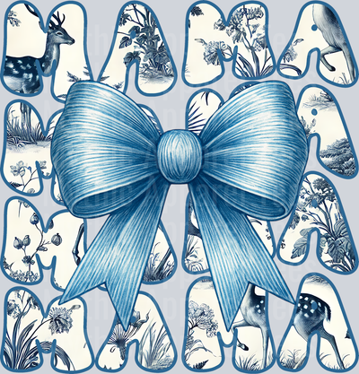 Mama Medium blue bow with white and blue background DTF MOM Transfers