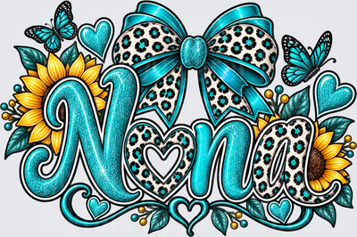 Names For Grandma Nona Teal Glitter Leopard Print Bow Sunflowers Butterflies Hearts Design