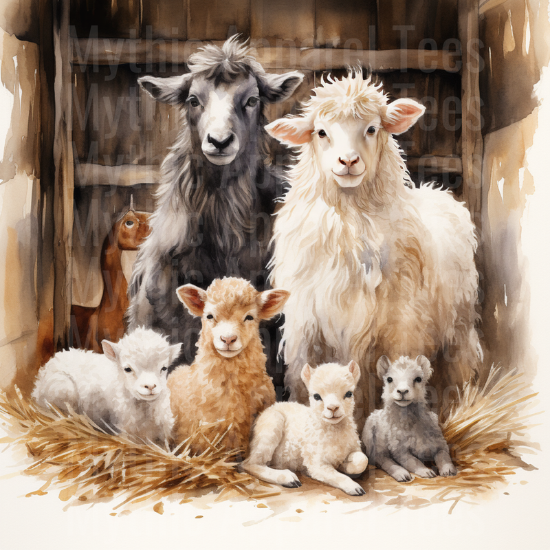 Nativity Barn Sheep and Goat Family Watercolor with Lambs