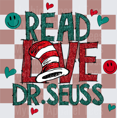 DR Seuss Read Love Dr Seuss Cat in the Hat Glitter Checkered
