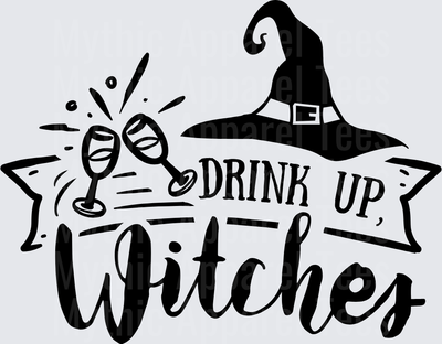 Drink Up Witches Halloween Witch Hat Clinking Wine Glasses Bold Typography Banner
