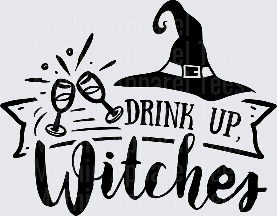Drink Up Witches Halloween Witch Hat Clinking Wine Glasses Bold Typography Banner