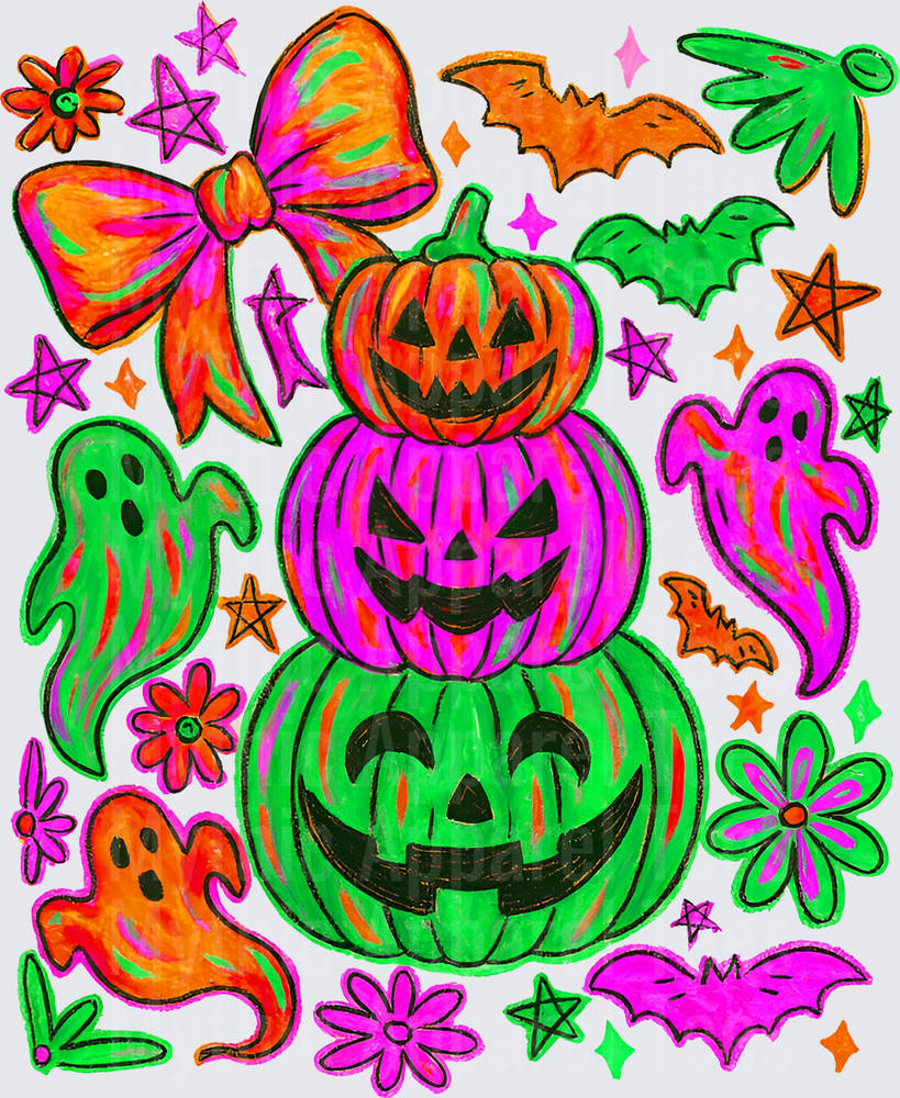 Halloween Neon Stacked Jack-O-Lantern Tower with Bow Ghosts Bats Stars and Flowers Retro Colorful Spooky Coquette Design