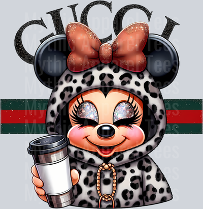 Minnie with hot coffee Leopard print jacket Disney DTF Gucci Disney Transfers