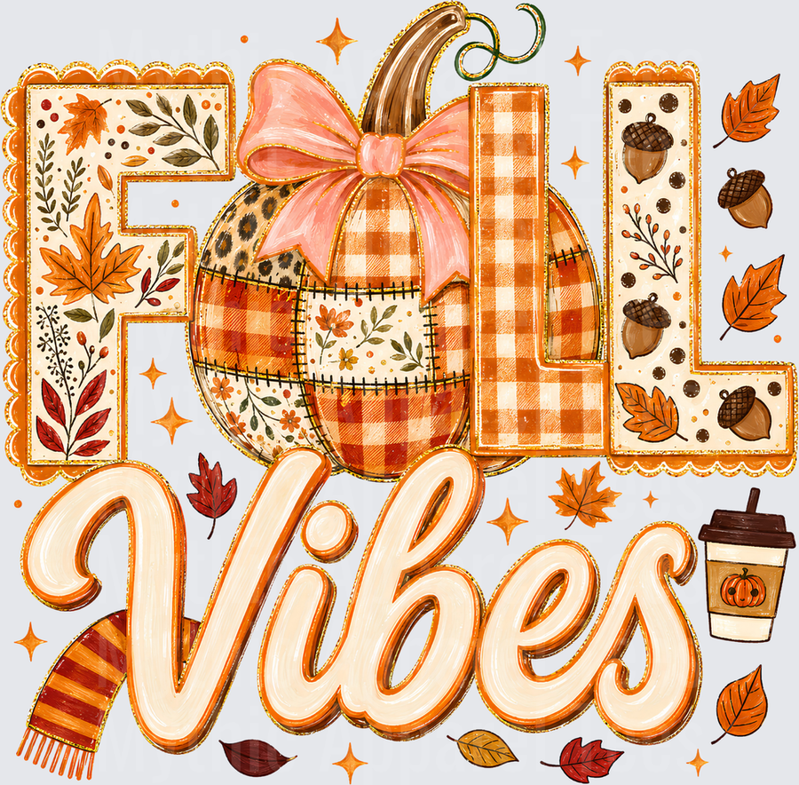 Fall Designs Patchwork Pumpkin with Pink Bow Fall Vibes Typography Autumn Leaves Acorns and Cozy Scarf Seasonal Graphic