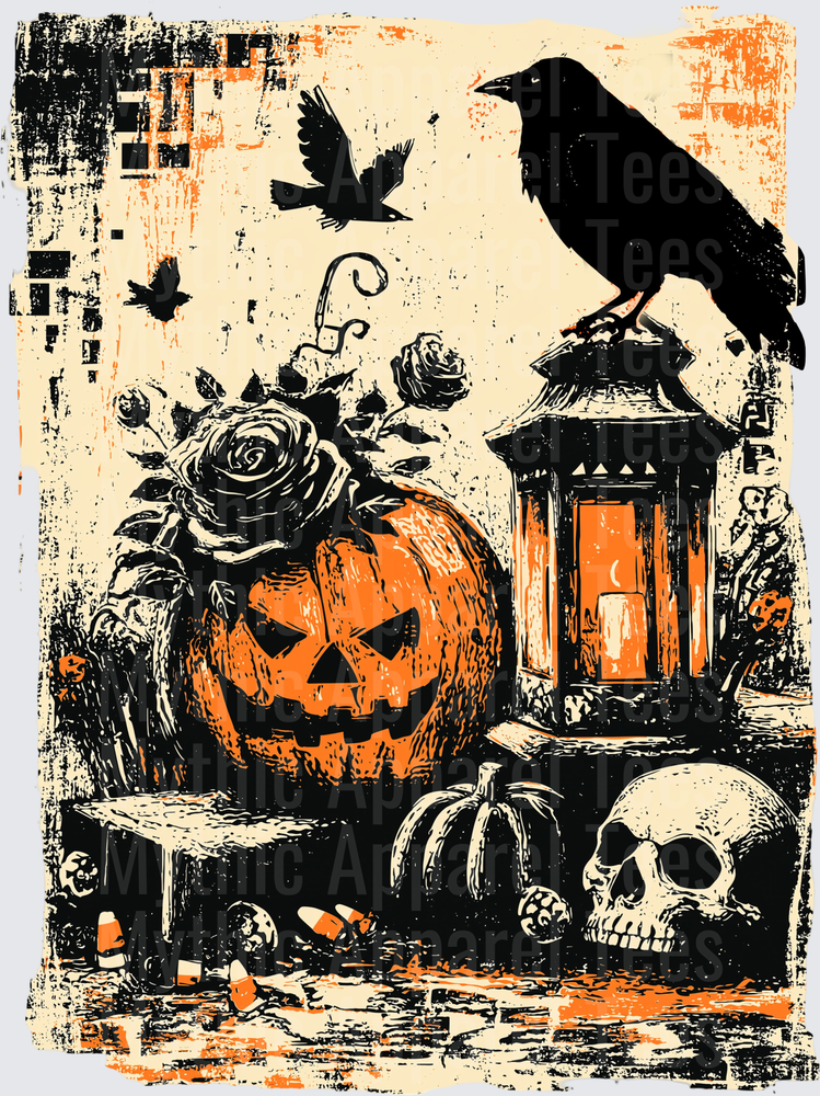 Distressed Halloween Grunge Jack-o-Lantern Scene with Raven Lantern Skull Roses and Candy Corn