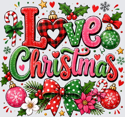 Love Christmas Buffalo Plaid Heart Ornament Holly Candy Cane Polka Dot Bow Festive Holiday Typography