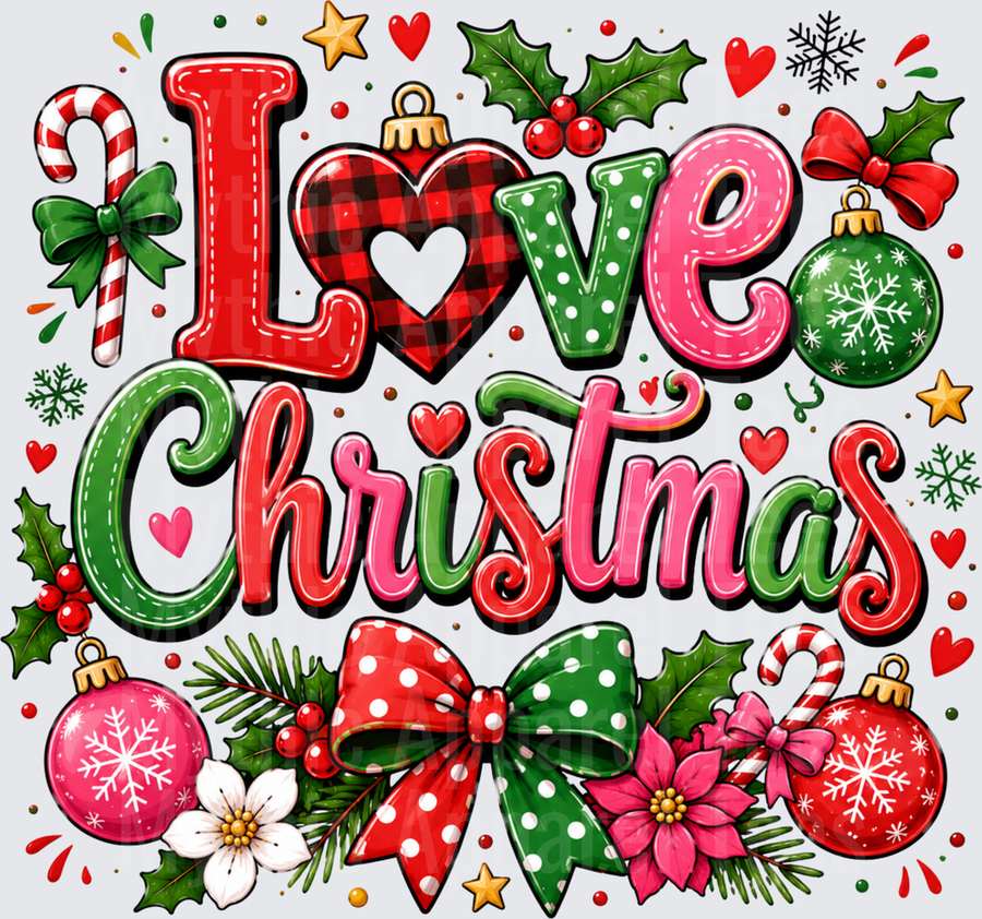 Love Christmas Buffalo Plaid Heart Ornament Holly Candy Cane Polka Dot Bow Festive Holiday Typography