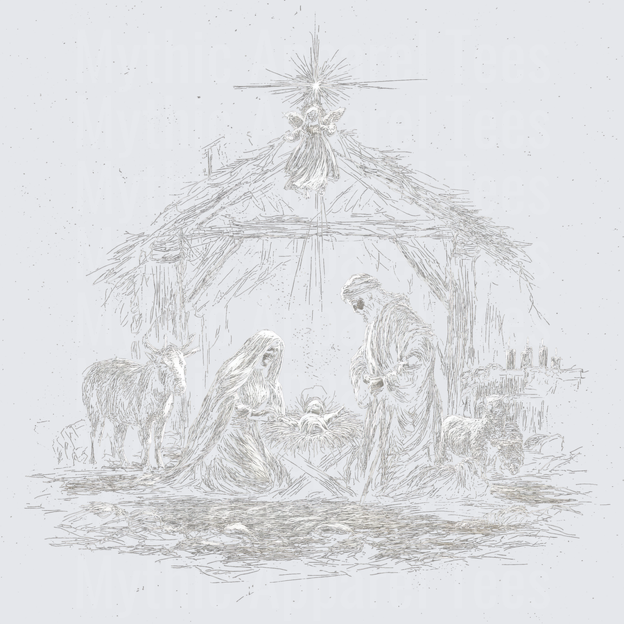 Vintage Sketch Style Nativity Scene Mary Joseph Baby Jesus Manger Star Angel Christmas