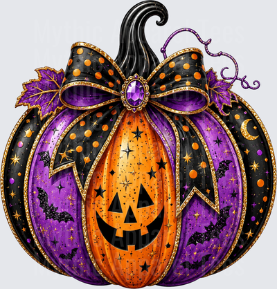Halloween Glam Jack-O-Lantern with Purple Black Polka Dot Bow Bats Stars and Gold Glitter Accents