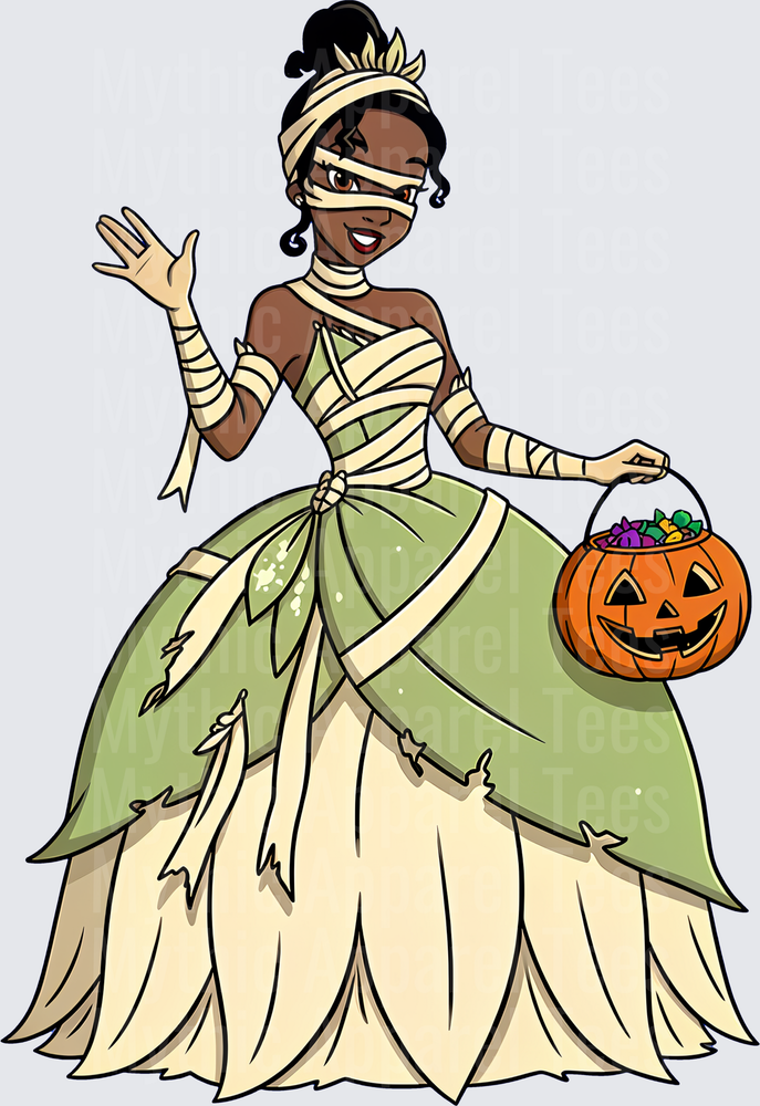 Princess Tiana Halloween Mummy Costume with Jack-O-Lantern Candy Bucket Trick or Treat