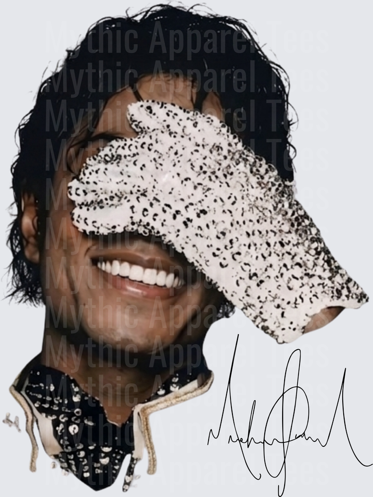 Michael Jackson Smiling Portrait with Iconic Sequin Glove Covering Eyes and Signature