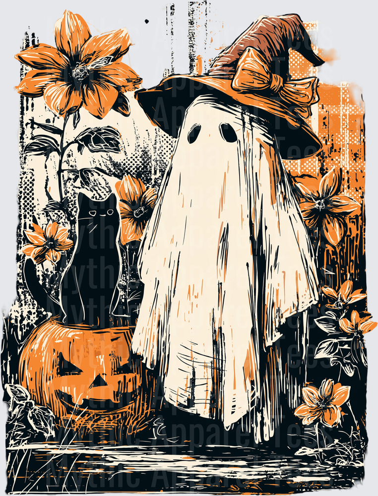 Distressed Halloween Ghost in Witch Hat with Black Cat on Jack-O-Lantern and Sunflowers