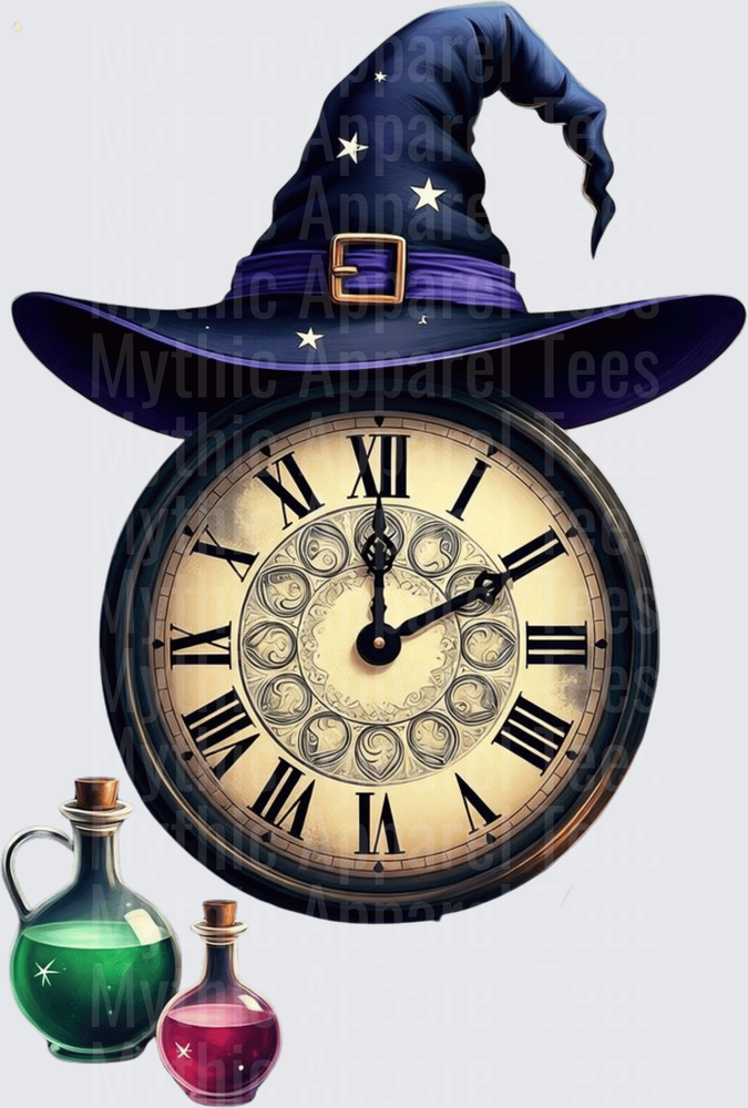 Vintage Witch Hat Roman Numeral Clock with Green and Pink Potion Bottles