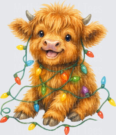 Highland Christmas Cow Baby Calf Wrapped in Colorful Lights