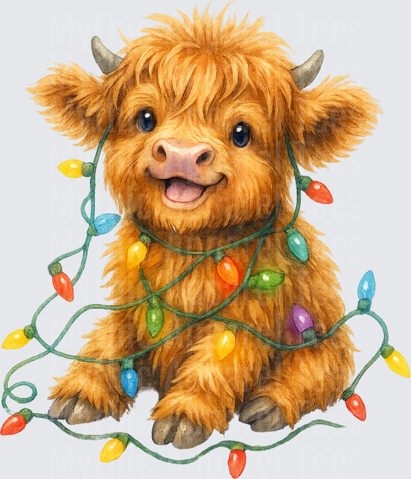 Highland Christmas Cow Baby Calf Wrapped in Colorful Lights