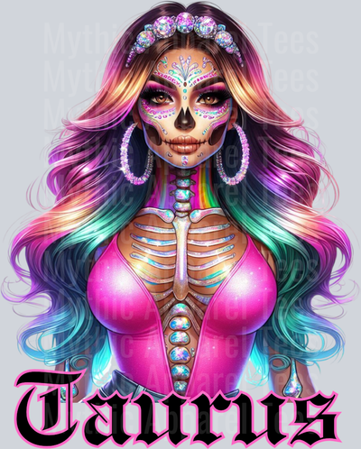 Taurus Glam Skull Girl Horoscope DTF Zodiac Sign Transfers