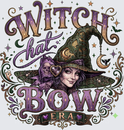 Witch Hat Bow Era Ornate Halloween Witch Portrait with Skull Bow Crescent Moon and Bats Mystical Typography Design