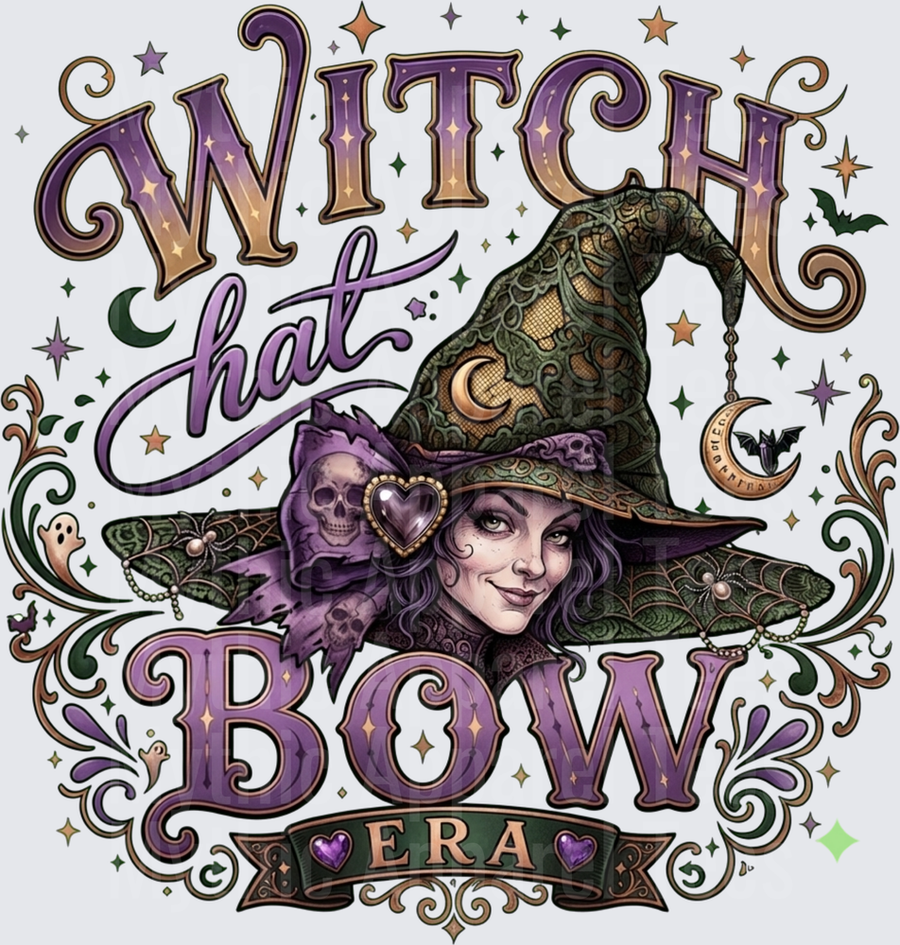 Witch Hat Bow Era Ornate Halloween Witch Portrait with Skull Bow Crescent Moon and Bats Mystical Typography Design